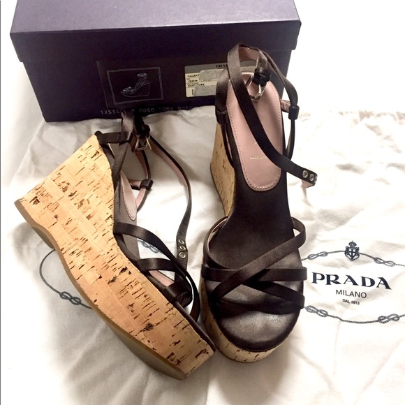 Prada Shoes - Prada Silk Satin Chocolate Brown Platform Wedge 36